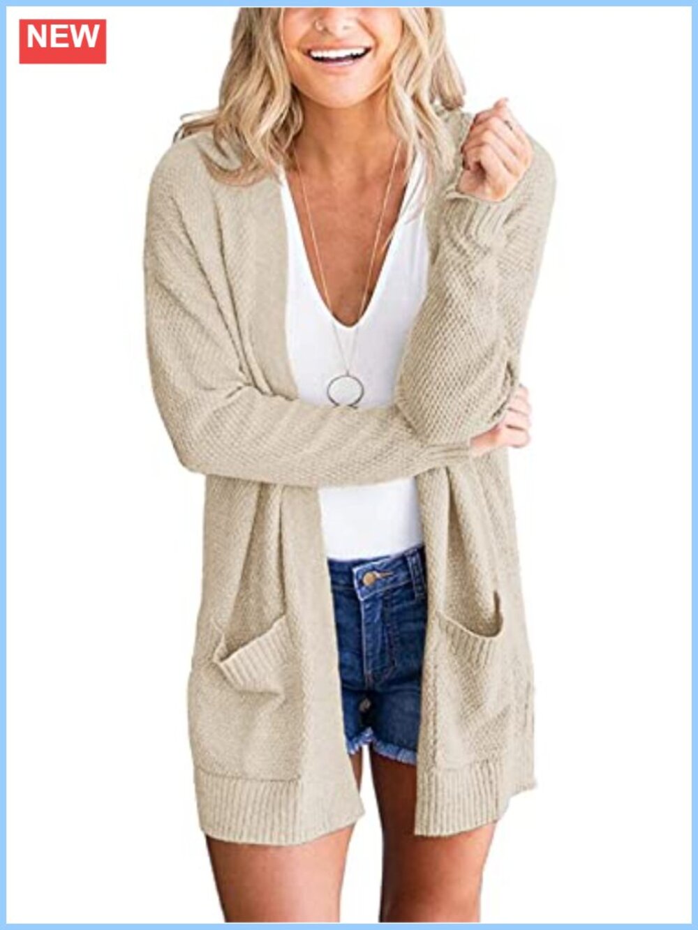 Waffle Knit Open Front Cardigan with Pockets Loose Fit Boyfriend Style